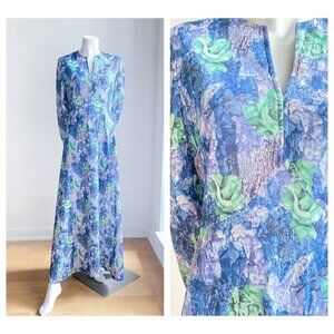 Vintage Abstract Floral Rose print Blue Green Long Sleeve Maxi M